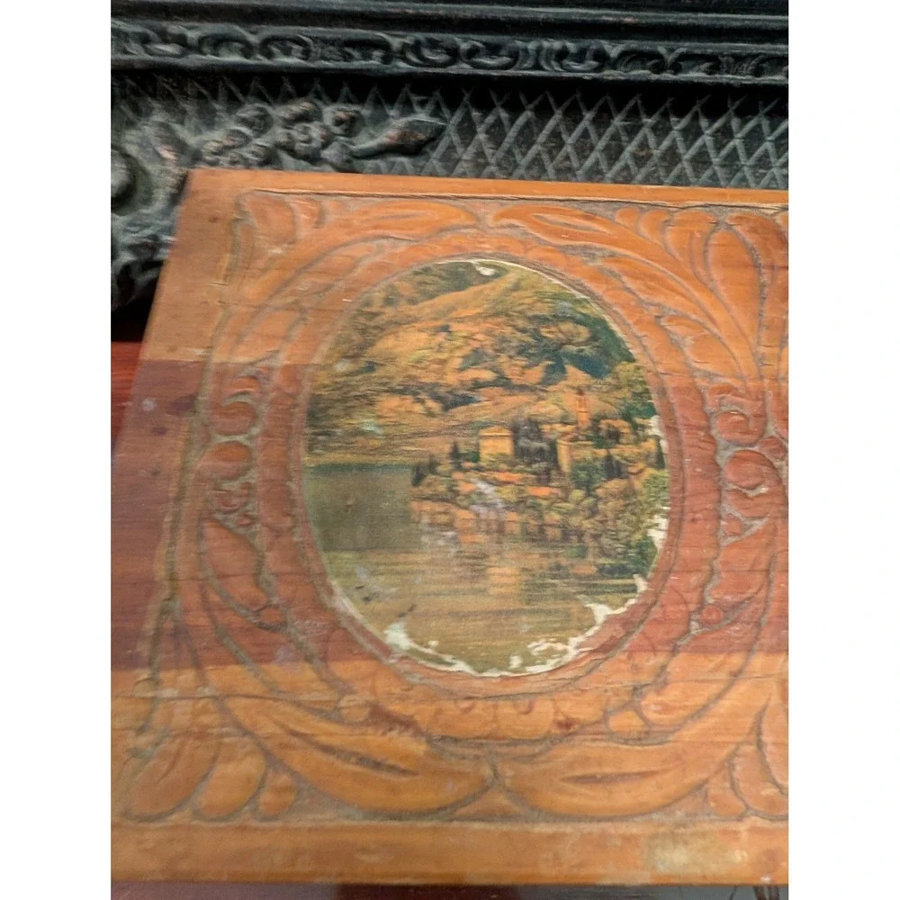 Vintage Cedar Carved Wooden Jewelry Box Decoupage Landscape Mirror Dovetail